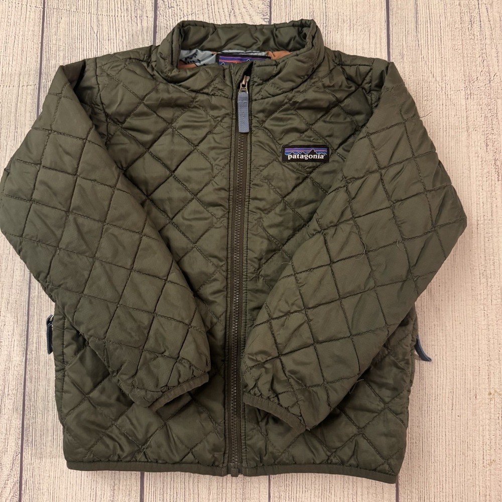 Patagonia Baby Nano Puff Jacket 4T Green Quilted Animal Print Lining Full Zip